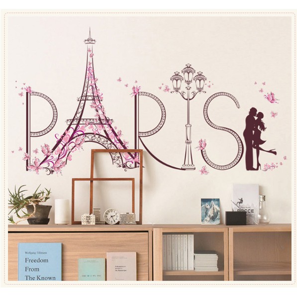 Decal trang trí tường - Tháp PARIS Bướm Hồng Romantic