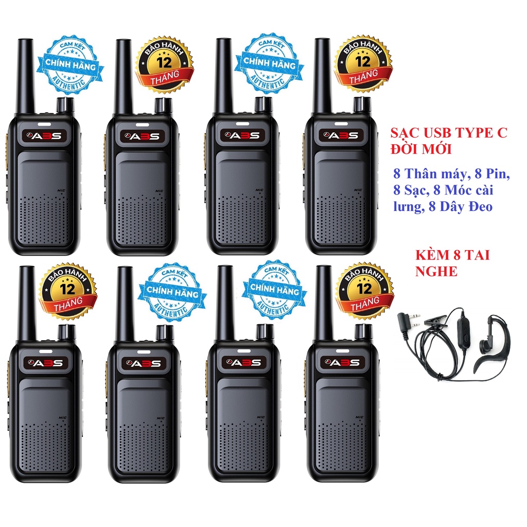 Bộ 8 Chiếc Bộ đàm Sạc USB Type C Đời mới  ABS AB588 (Loa to&amp; Chống Từ tính, Cự ly liên lạc Xa, Pin sử dụng&gt;15 Tiếng)