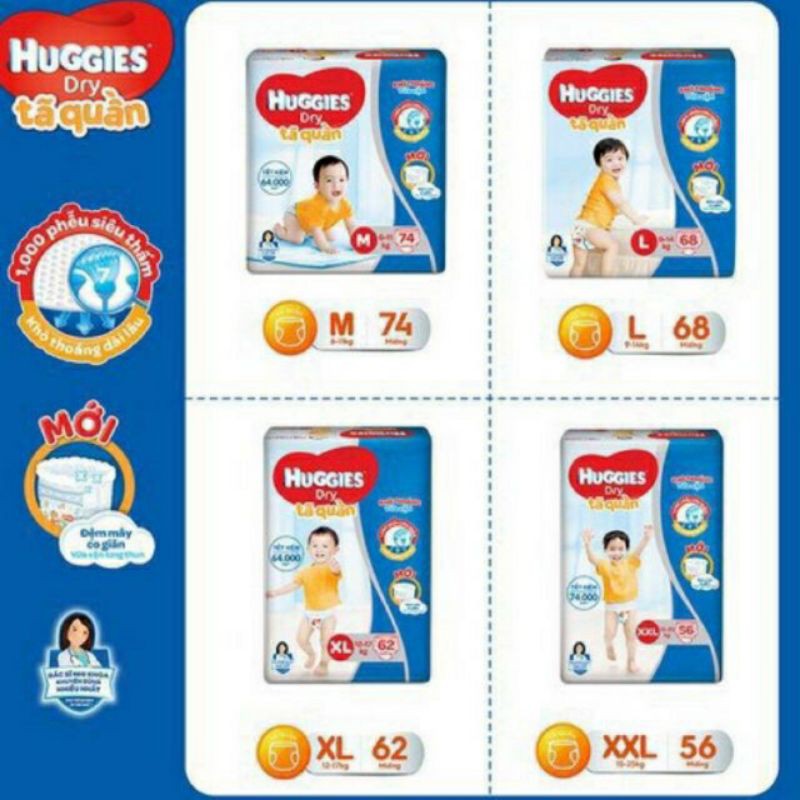 (Đệm mây) Tã quần/Tã dán Huggies Dry M74/M76, L68, XL62, XXL56 mới