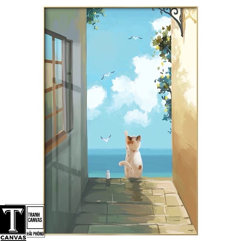 Tranh canvas tràn viền Chú mèo cute vẽ tay kích thước 60x80 cm