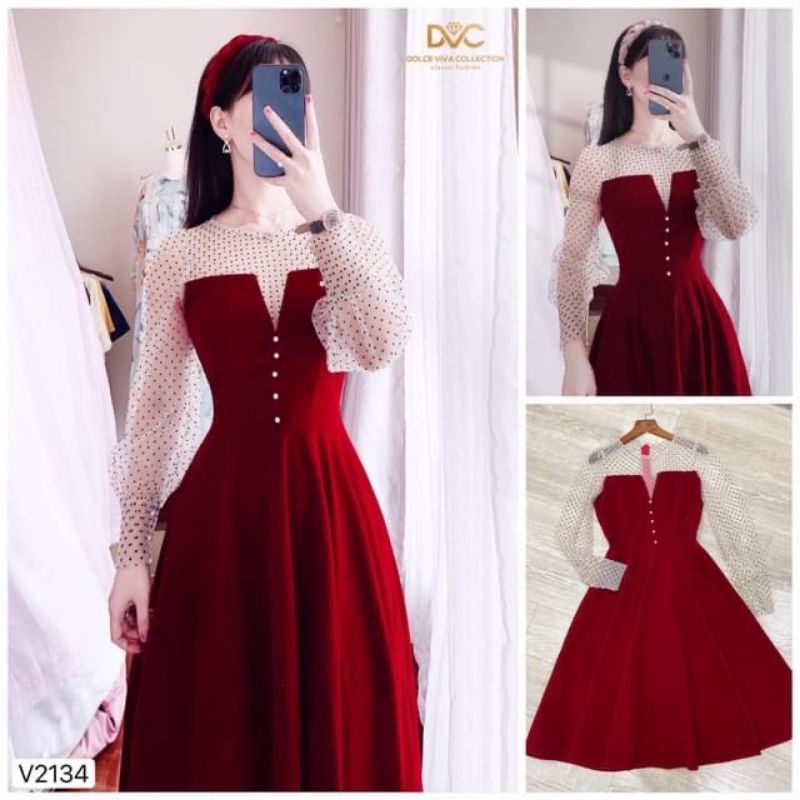 [CAO CẤP] Váy nhung phối lưới ren chấm bi - 2134