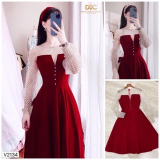 Váy nhung phối lưới ren chấm bi - 2134