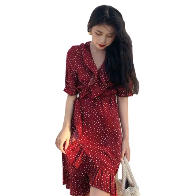 Váy đầm lửng đỏ chấm bi kiểu dáng vintage nữ tính nổi bật (Ms C11)