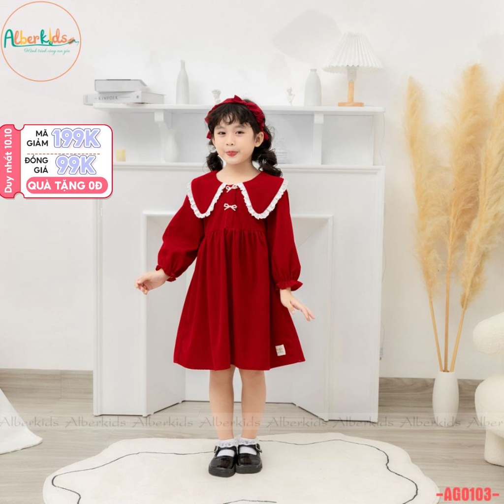 Váy bé gái ALBERKIDS thu đông đỏ CỔ VUÔNG REN TRẮNG dài tay công chúa cho trẻ em 2,3,4,5,6,7,8,9,10,11,12 tuổi [AG0103]