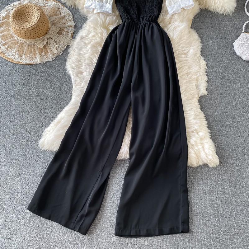 Jumpsuit đồ bay phối áo ren nhún trễ ngực 2 dây bản to quần dài ống suông rộng trơn màu thanh lịch nhiều màu pastel