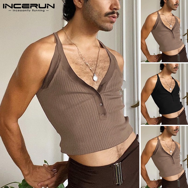 Áo tanktop croptop INCERUN dệt kim cài nút cổ V không tay thường ngày cho nam