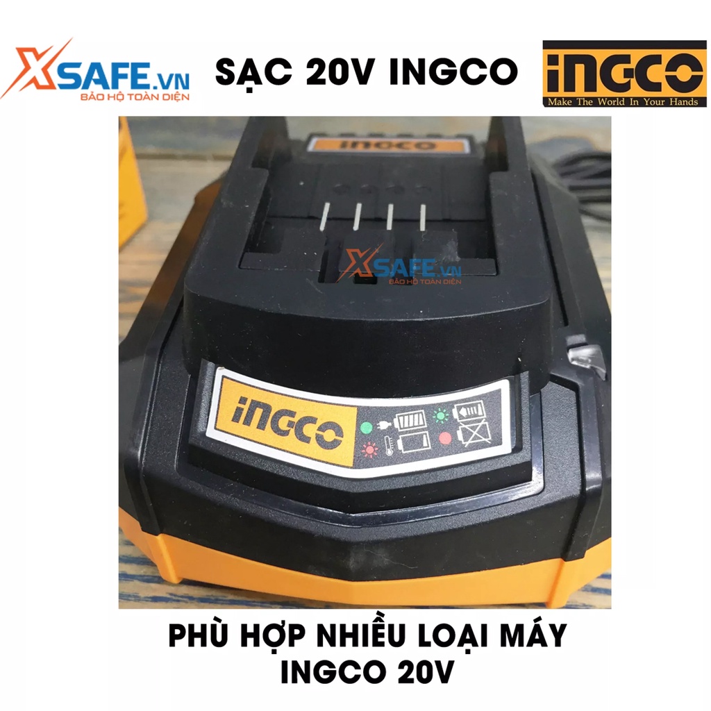 Đế sạc pin 20V INGCO FCLI2001 Sạc pin máy khoan điện thế 110V-240V~50/60Hz, dòng điện sạc 2A, hỗ trợ máy khoan cầm tay
