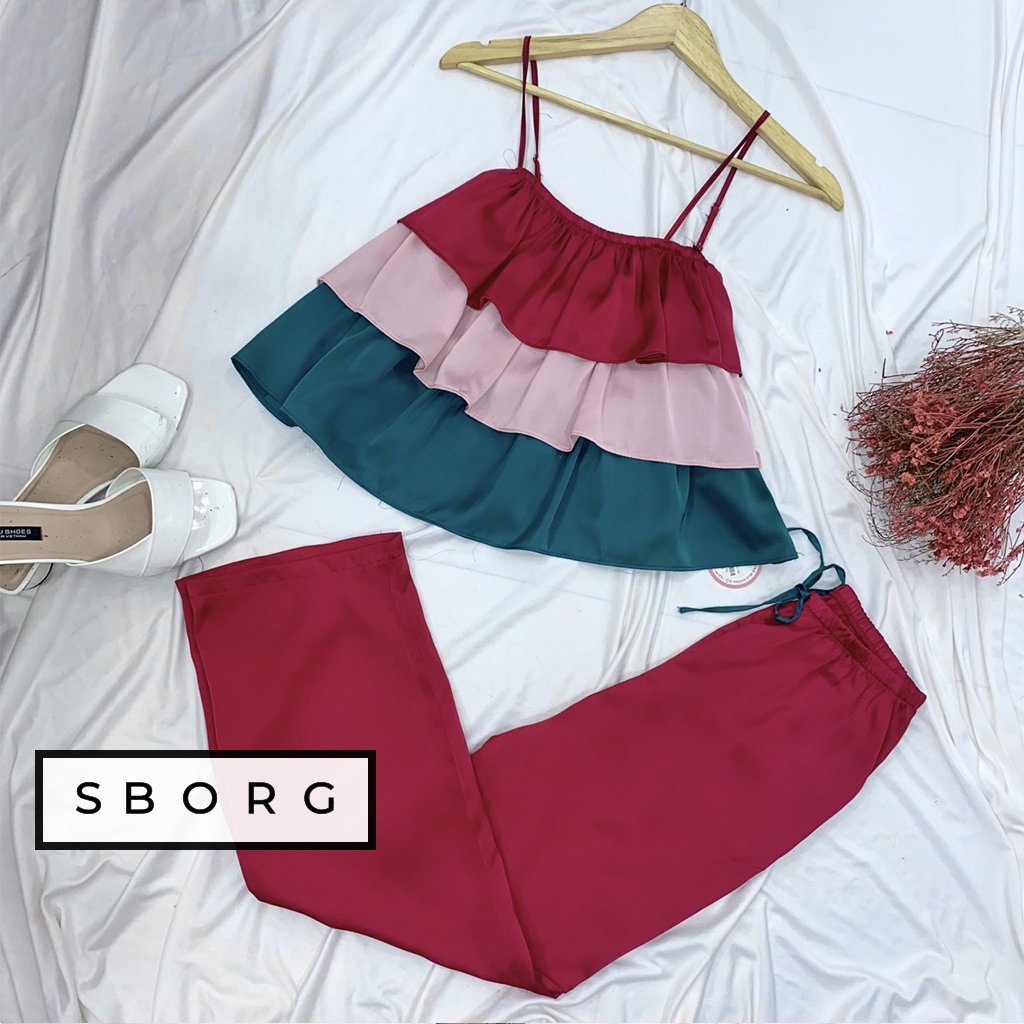 Đồ bộ mặc nhà SBORG bộ pijama nữ 2 dây lụa latin áo 3 tầng bèo cute phối quần dài có túi freesize dưới 60kg quà tặng vợ