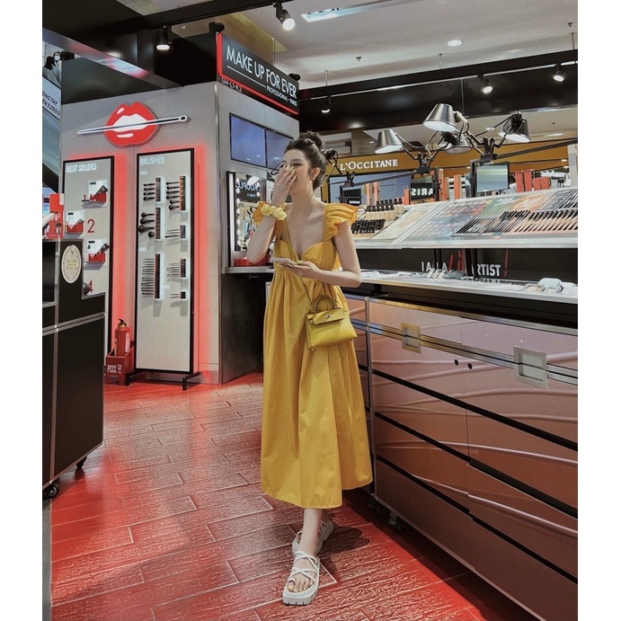 Váy thô maxi nữ nơ lưng tay cánh tiên form dáng xuông bầu bì bon chen đều được