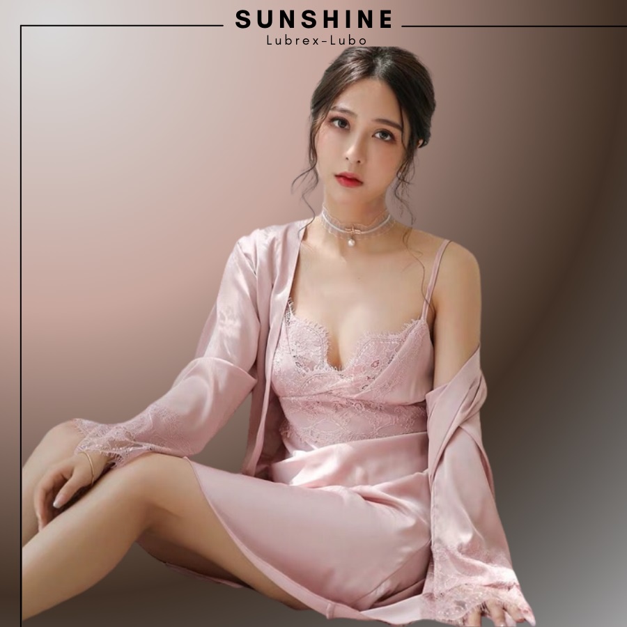 Đầm Ngủ Lụa Kèm Áo Ngủ Lụa Satin Cao Cấp MÚT NGỰC MÀU HỒNG SUNSHINE MNT560