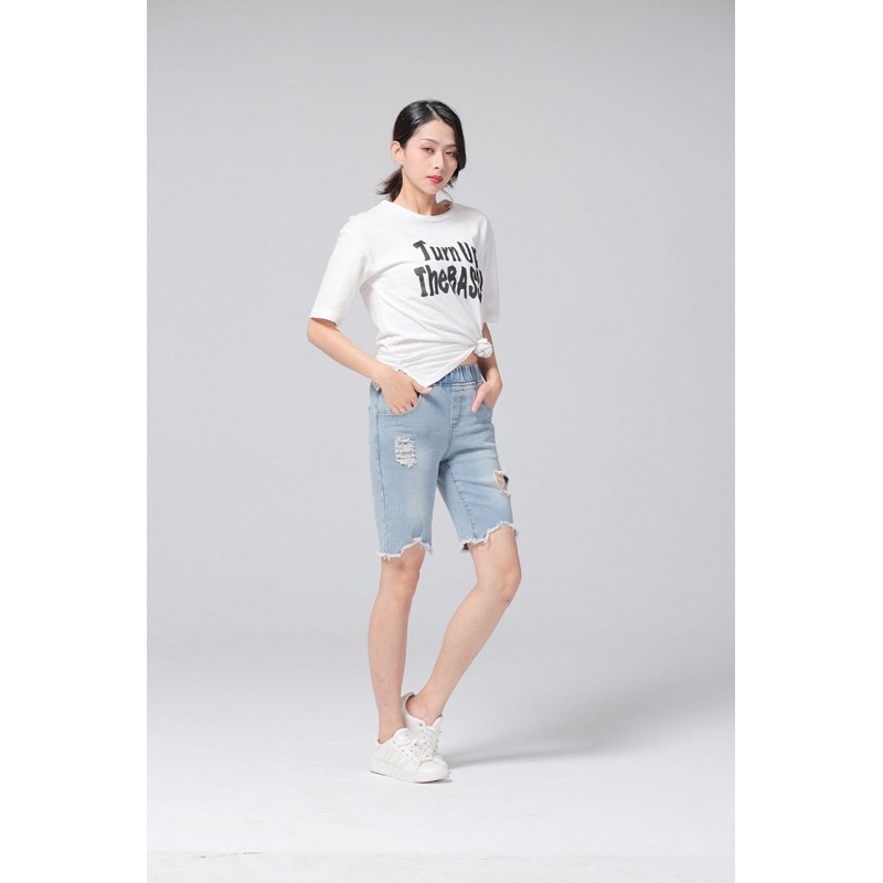 quần jean ngố big size short xanh nhạt lưng cao wash rách size 70-110kg