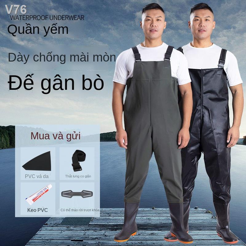 ☸♤Quần câu cá, áo chống thấm nước, lội nước nam và nữ, đi mưa, cá dày dặn ấm áp một mảnh, nĩa da đựng