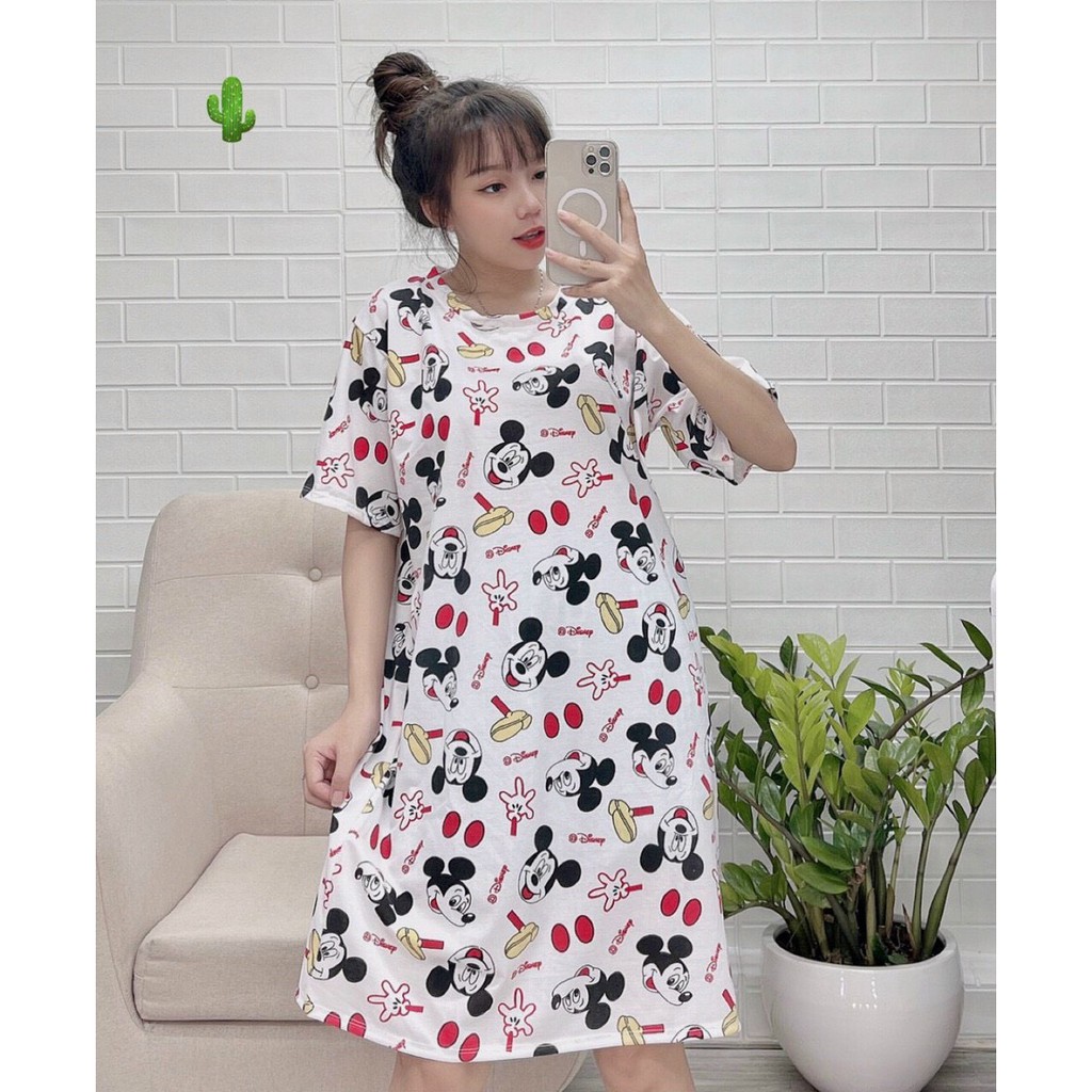 Đầm suông in mickey kín áo form rộng mặc ở nhà mát mẻ TTPK0111