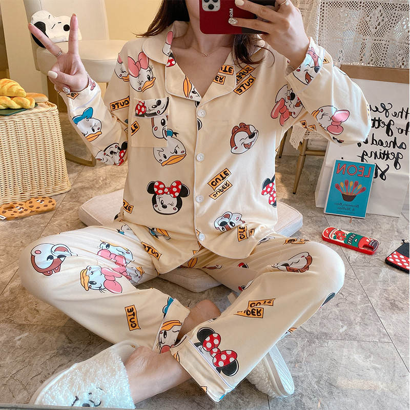 Set Đồ Ngủ Dài Tay In Họa Tiết Dễ Thương Cho Nữ