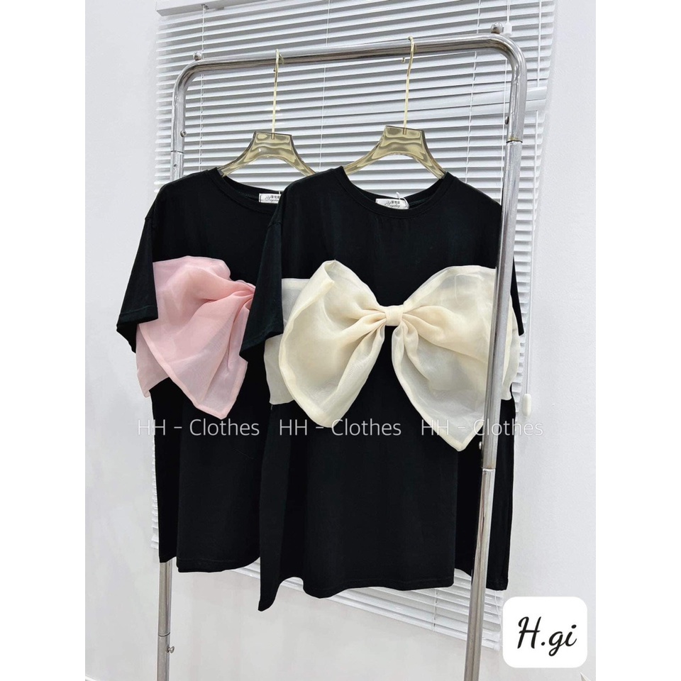 Áo Thun Nơ To Trước Ngực Cực Đẹp 2 Màu Chất Bo Tăm Form Rộng Dáng Dấu Quần