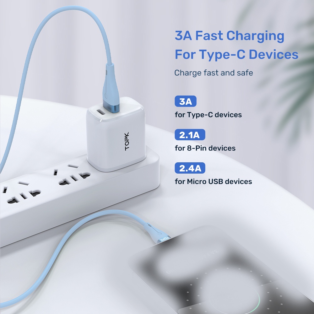 Cáp Sạc TOPK AN46 IPMicro USB Type C TPE Silicone Dẻo Chống Đứt Gãy-Bảo Hành 1 Tháng