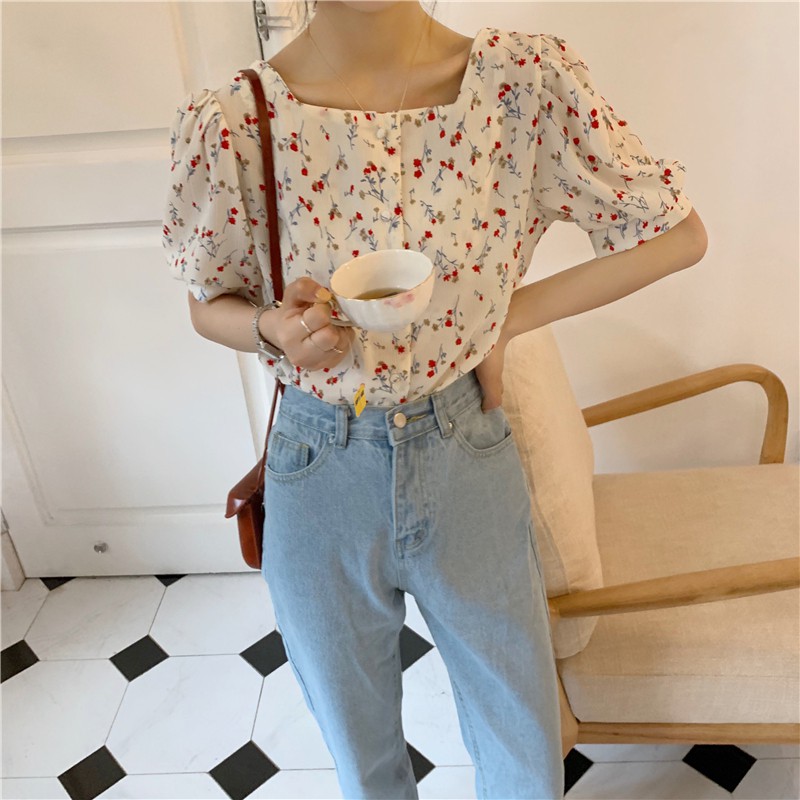 Áo Kiểu Cổ Vuông Hàn Quốc Tay Ngắn