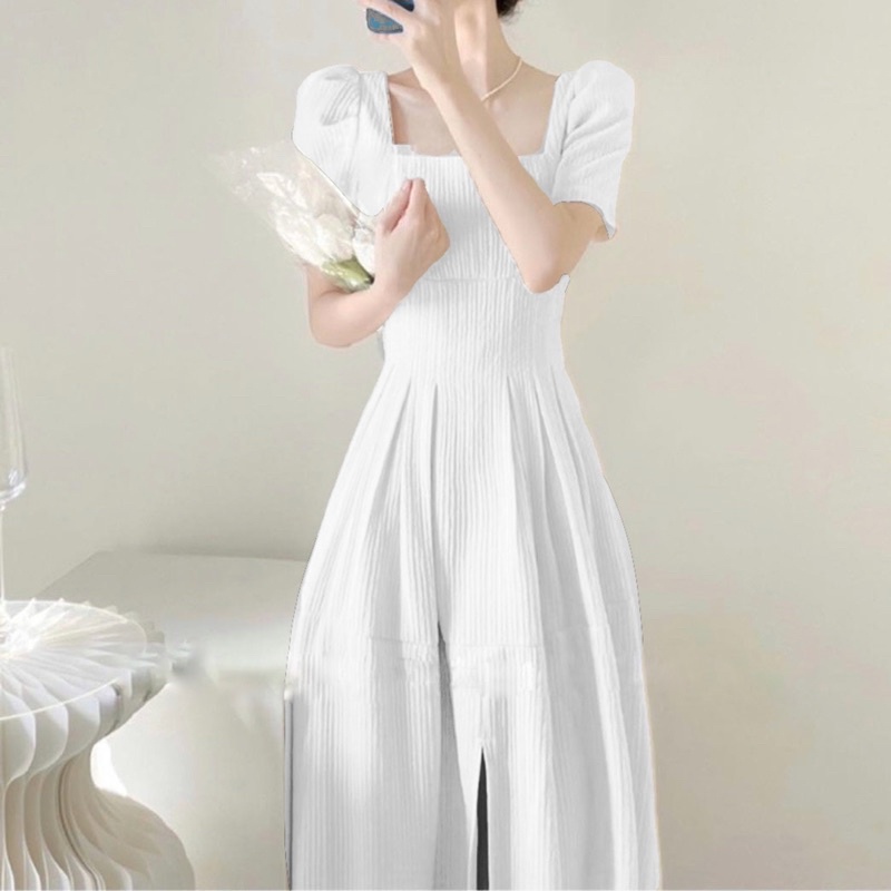 ĐẦM MIDI CỔ VUÔNG TAY PHỒNG GÂN SỌC