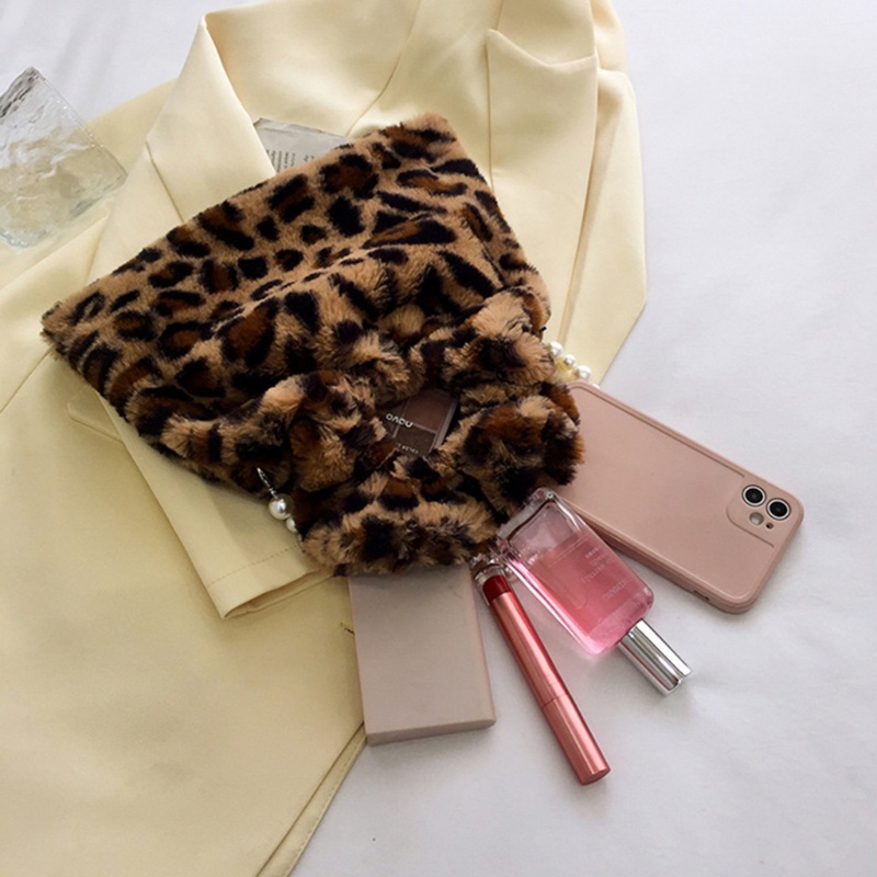 Túi Xách Đeo Vai Bằng Vải Bông Mềm Đính Ngọc Trai Họa Tiết Da Báo Sức Chứa Lớn Thời Trang Cho Nữ