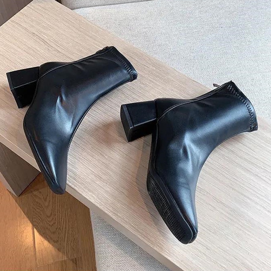 Giày Boot Martin Ulzzang Vintage, Giày Bốt Da Cao Gót Mũi Nhọn Cổ Cao Khóa Sau Đế Cao 5cm, Hàn Quốc - Iclassy_shoes