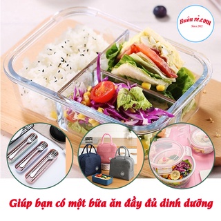 Combo cơm văn phòng: Hộp thủy tinh 3 ngăn 1000ml / Hộp thủy tinh tròn 400ml / Túi đựng cơm Lunch Bag / Bộ đũa+thìa+dĩa