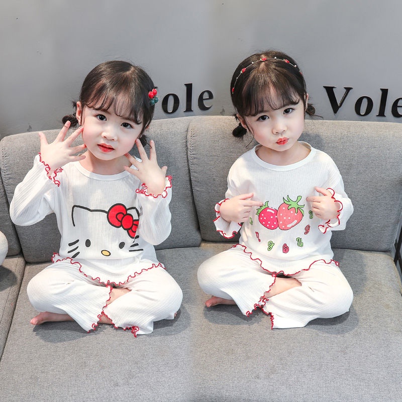 Bộ Đồ Ngủ Tay Dài Chất Cotton Mỏng Nhẹ Thời Trang Xuân Thu Xinh Xắn Cho Bé Gái