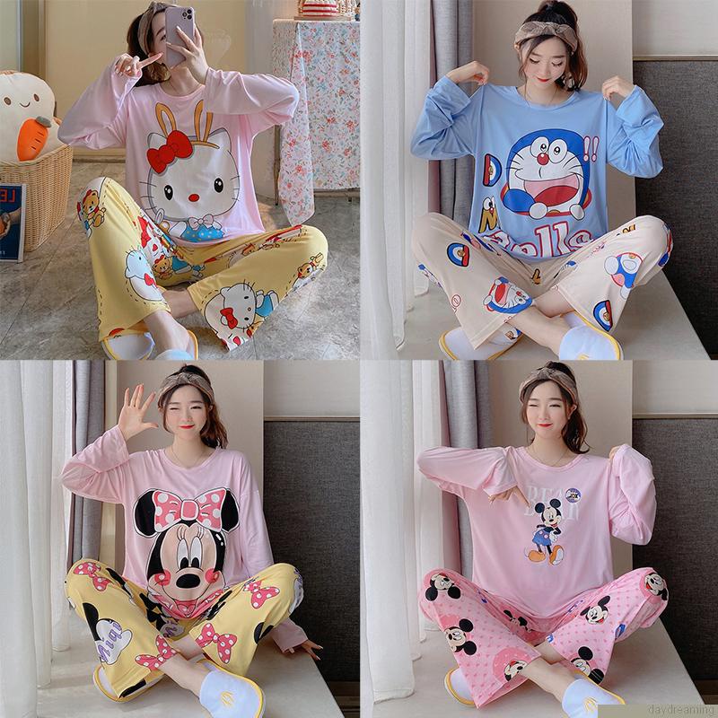 Bộ đồ ngủ dài tay mềm mại in họa tiết xinh xắn cho nữ