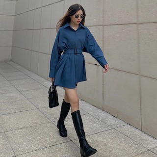 [CÓ SẴN] Áo sơ mi nữ trơn dài tay phối dây đai thắt eo cá tính dáng dài ulzzang