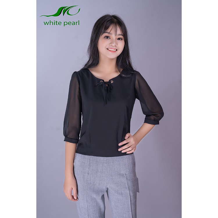 Áo sơ mi nữ công sở tay lỡ thời trang đẹp bo gấu cổ tròn tay lỡ voan chất liệu vải lụa hàn White Peal với 6 màu cơ bản
