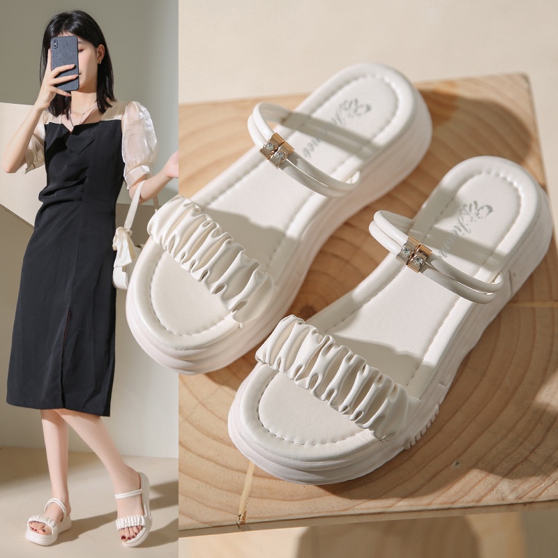giày sandal nữ đế bằng quai ngang nhún bèo quai hậu mang đi học đi chơi