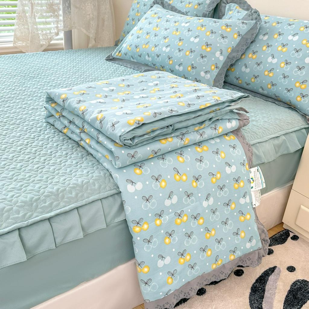 Bộ chăn ga chất liệu cotton đũi mềm mại nhập khẩu, set 5 món bo chun viền bèo chăn ga họa tiết Vintage xinh xắn