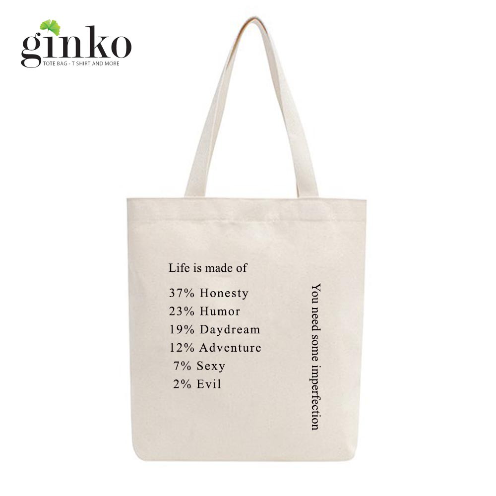 [Mã BMLTA50 giảm 10% đơn 99K] Túi Tote Vải Mộc GINKO Dây Kéo In Hình Life is Made of ... M24