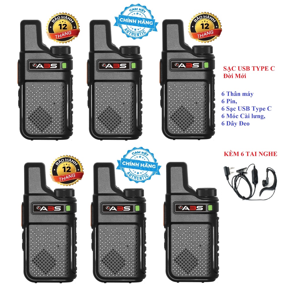 Bộ 6 Bộ đàm siêu nhỏ, mini Sạc USB Type C Đời mới chất lượng khủng ABS AB900 (Giá rẻ, bền bỉ)