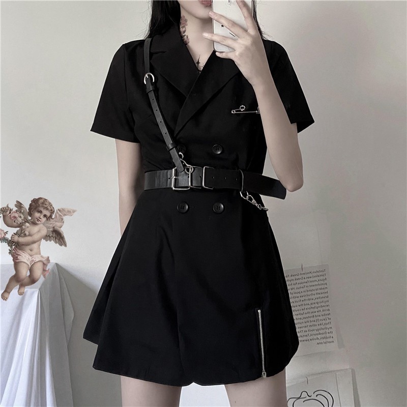 Đầm tay ngắn ôm eo màu tối có hai hàng nút phối thắt lưng phong cách Hàn Quốc