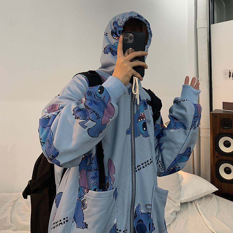 Áo hoodie unisex dáng ôm kéo khóa vải cotton in họa tiết hoạt hình thời trang thể thao có túi