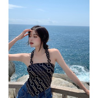 Áo yếm lụa màu đen quai dây xích.