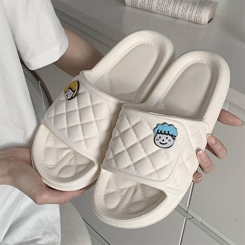 Dép nữ quai ngang xixitiao vân quả trám đính họa tiết hình mặt gấu dễ thương đế bằng chống trượt