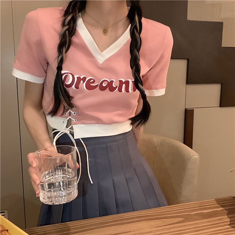 【ZHELIHANGFEI】 / Áo Thun Tay Ngắn Màu Trơn Kiểu Retro Mỹ Thời Trang Mùa Hè Cho Nữ