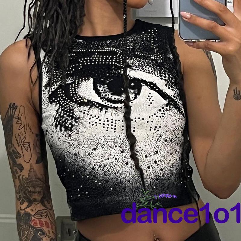 Áo tanktop cổ tròn họa tiết mắt đính đá thời trang cho nữ