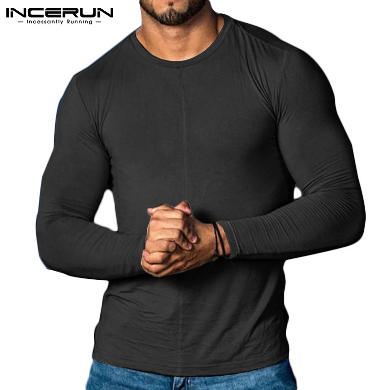 Áo cotton INCERUN dài tay cổ tròn có độ co giãn thoải mái dành cho nam