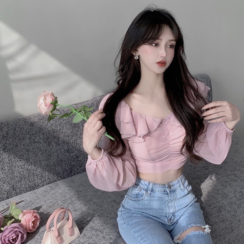 Áo Croptop Dài Tay Hở Vai Màu Sắc Ngọt Ngào Thời Trang Cho Nữ