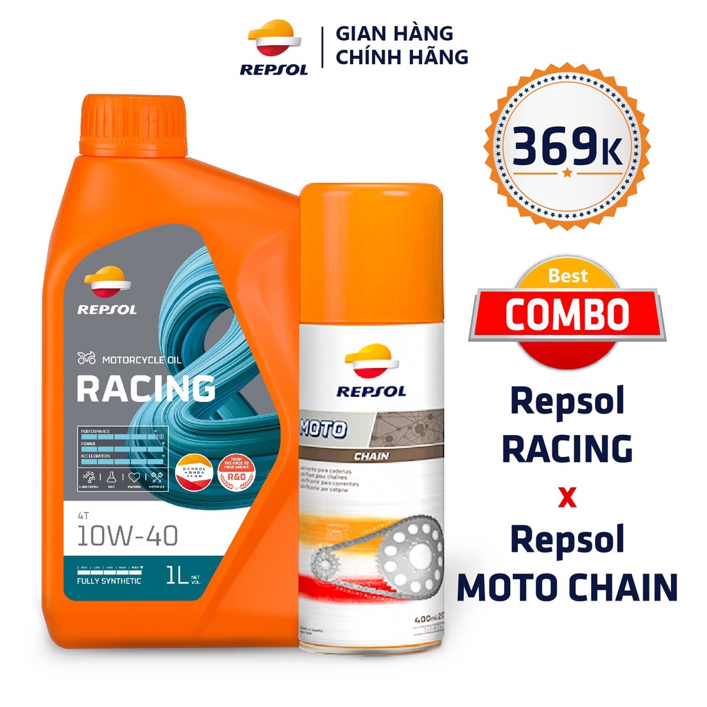 Combo Nhớt Xe Máy Repsol Racing 10w40 1L + Xịt Dưỡng Sên Repsol 400ml