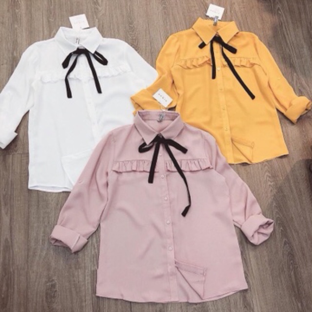 Áo Sơ mi nữ nơ viền bèo + Hình thật