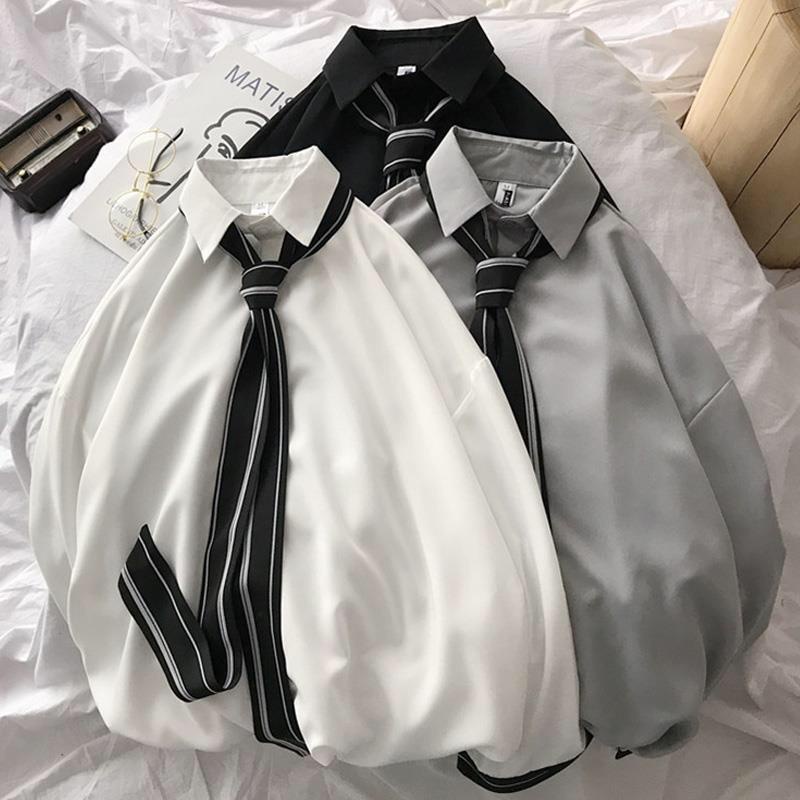 Áo Sơ Mi Tay Dài Họa Tiết Cà Vạt Thời Trang Hàn Quốc Cho Nam Nữ