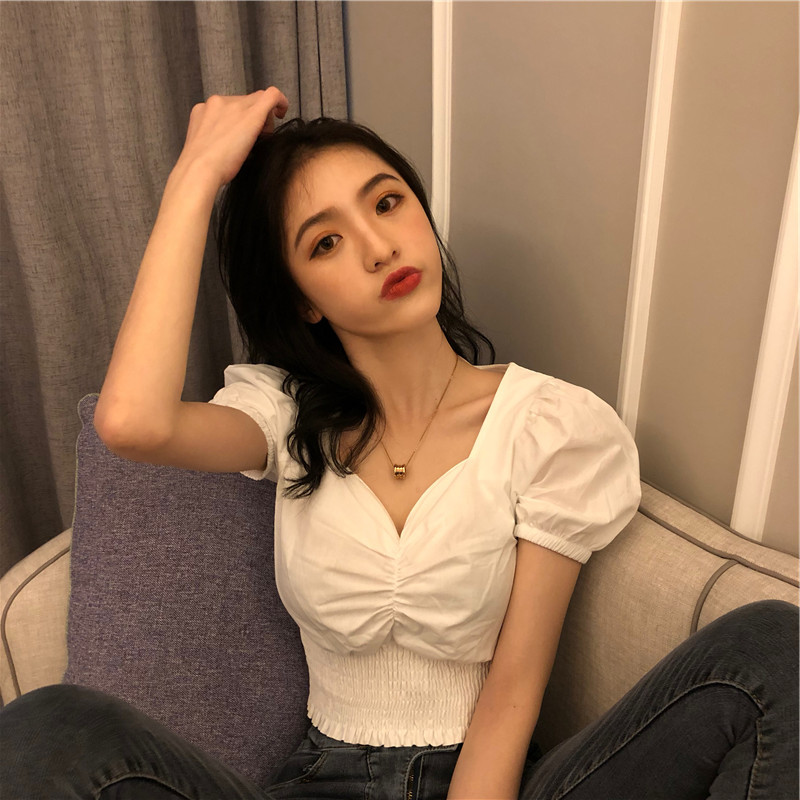 Áo Crop Top Tay Phồng Dây Rút Phong Cách Hàn Quốc 2021