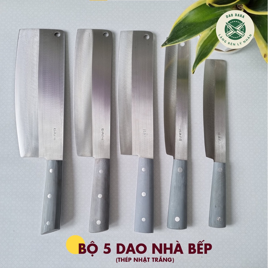 Combo 5 dao nhà bếp thép Nhật trắng không gỉ - Chuôi nhựa