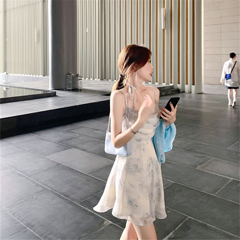 Đầm Voan Hoa Hai Dây Cổ Tim Xinh Xắn Cho Nữ