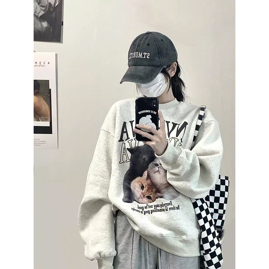 Áo Sweater Cổ Tròn Tay Dài Dáng Rộng In Họa Tiết Kiểu Retro Mỹ Xinh Xắn Cho Nữ