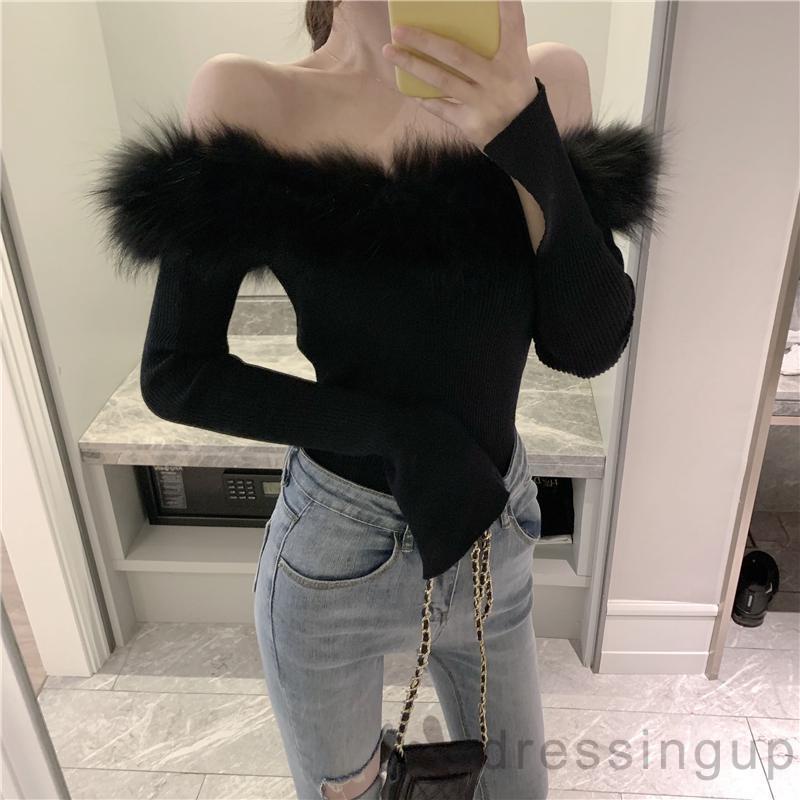 Áo len tay dài cổ thuyền màu trơn phối lông thời trang dành cho nữ