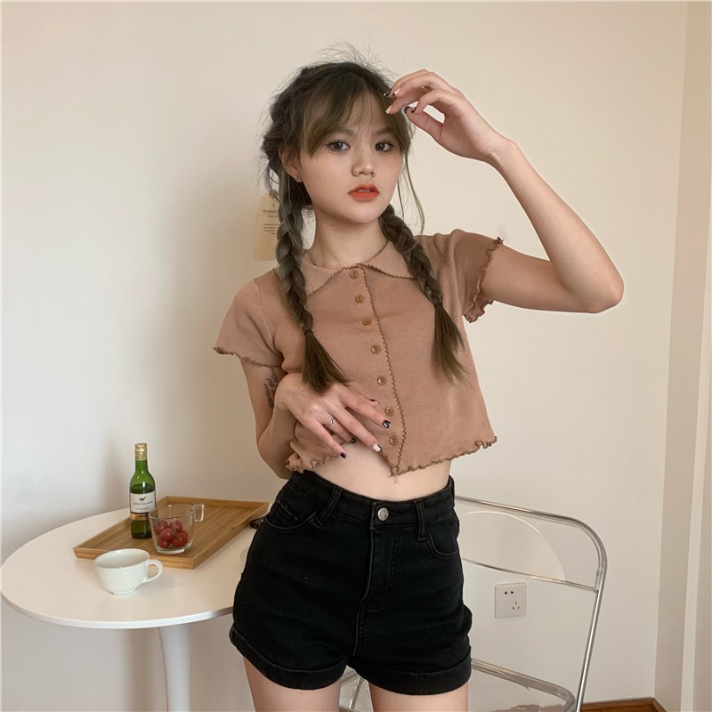 Korean women retro fashion tee wood ears short-sleeved crop top 7 C | BigBuy360 - bigbuy360.vn